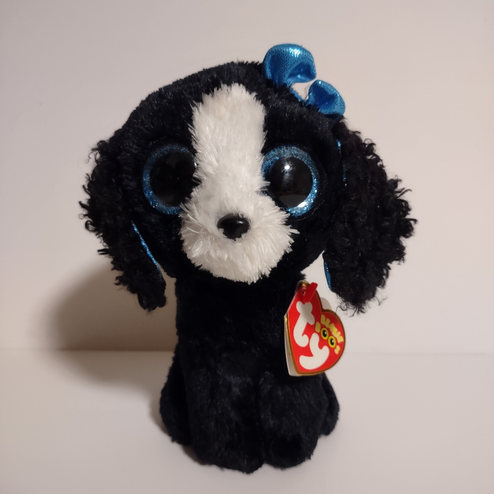 Ty Beanie Boos Tracey The Black Dog Plush Stuffy 6” Blue Bow Glitter Eyes